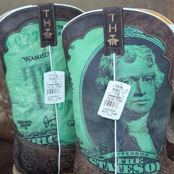 TIN HAUL men's DEUCE money themed square toe leather cowboy boot sz 13EE NWT